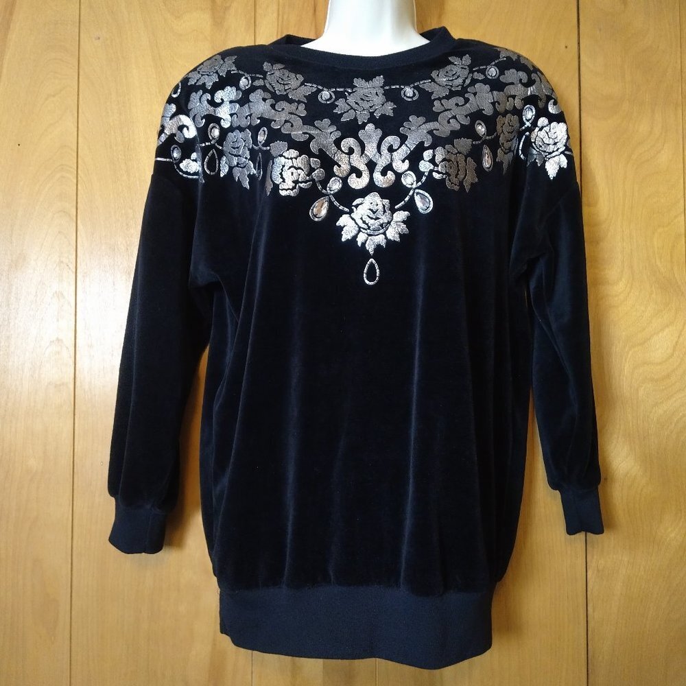 Rafael Women's Small Black/Silver Velvet/Velour Beaded Sweater Vintage